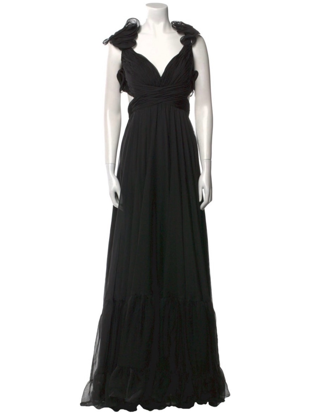 Mac Duggal Elegant Black Maxi Dress with Ruffled Shoulder Detail